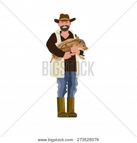 Farmer With Piglet In Hands. Vector Illustration Isolated On White Background