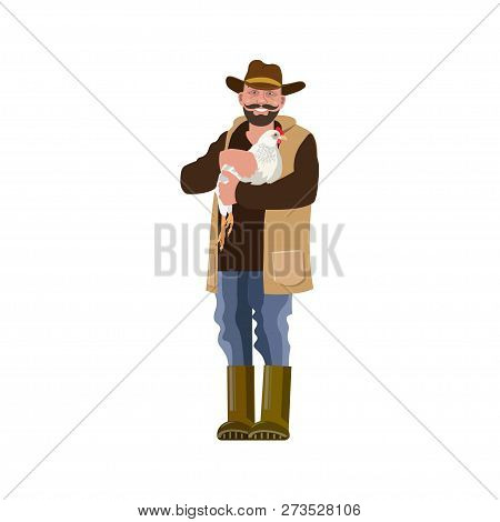 Happy Man Holding White Hen. Vector Illustration Isolated On White Background