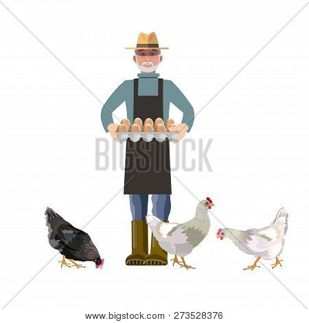 Caucasian Farmer Holding A Tray Of Eggs And Hens. Vector Illustration Isolated On White Background