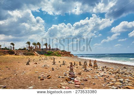 Beautiful Wild Beach With Clear Turquoise Water And Waves. Lara Beach, Cyprus.