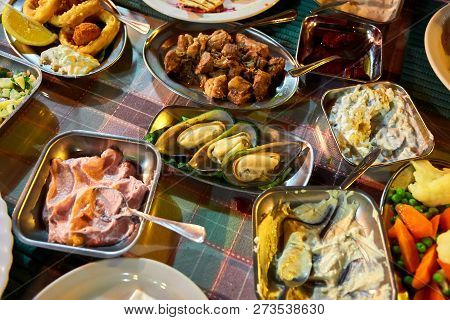 Middle Eastern Or Arabic Dishes And Assorted Meze, Concrete Rustic Background. Meat Kebab, Falafel, 
