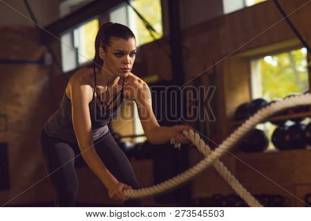 Fit, sporty and athletic sportswoman working in a gym. Woman training using battle ropes. Sports, athletics and fitness concept.
