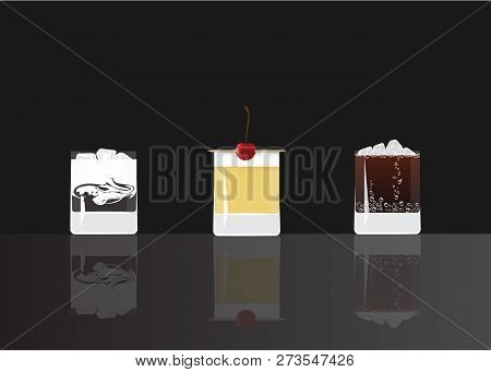 White Russian, Whisky Sour And Lemmy On Black Mirrored Background. Vector Illustration For Web And P