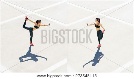 Young, fit and sporty woman doing sports at the stret. Fitness, sport, urban jogging and healthy lifestyle concept.