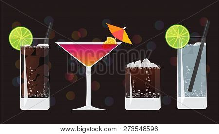 Cuba Libre, Sex On The Beach Cocktail,  Lemmy Cocktail And Gin Tonic Cocktail  On Black Mirrored Bac