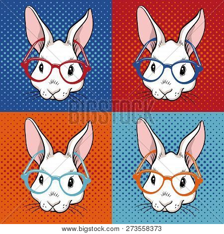 Rabbit In Glasses Pop Art Illustration On A Dotted Background