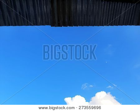 Looking Up Roof With Home On Blue Sky And Clouds, Beautiful Nature Blue Sky With Clouds