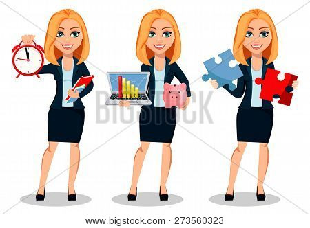 Business Woman In Office Style Clothes, Set Of Three Poses. Modern Lady Businesswoman Holds Alarm Cl