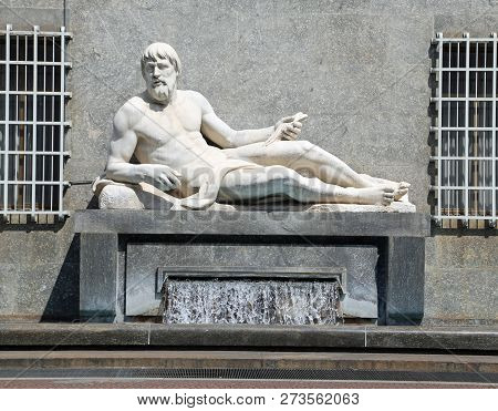 Turin City Fountain With The Big Statue Of A Man Representing The River Po The Largest Waterway In N