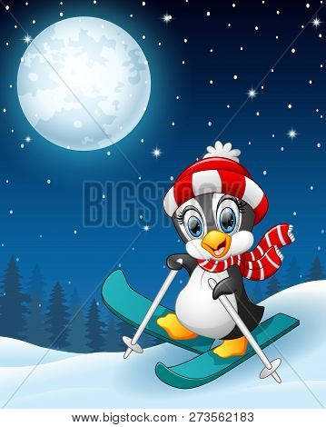 Snowboarding Penguin Cartoon In The Winter Night Background