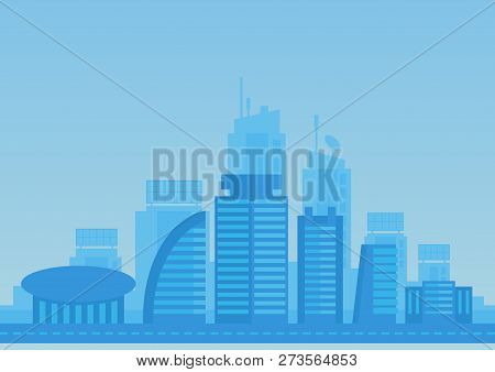 City Flat Background In Blue Color. Modern Town Illustration.
