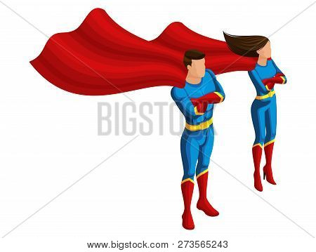 Isometric Superheroes Man And Girl In Suits, Look After The Order, Guard The City, The Cloak Develop