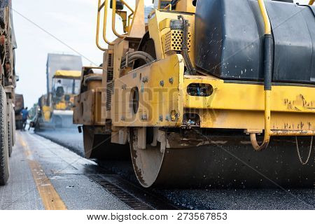Compactor Roller During Road Construction. At Asphalting Work. Thailand