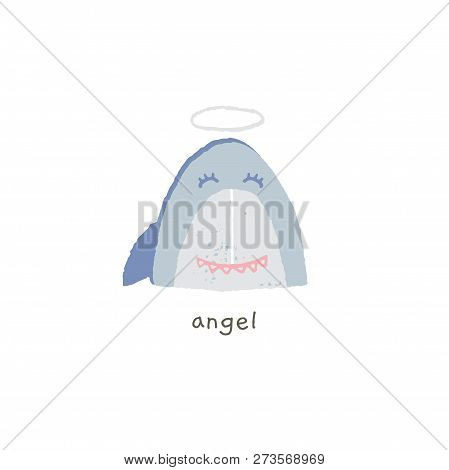 Lovely Shark Smile With A Halo. Angel. Hand Drawn Vector Emoji. Funny Illustration For Messengers, S