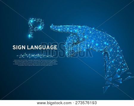 Sign Language P Letter, Pointing, Targeting, Showing 3d Low Poly Model Of Human Hand. Neon Polygonal