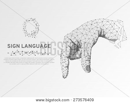 Origami Sign Language Q Letter, Pointing, Targeting, Showing 3d Low Poly Model Of Human Hand Neon Po