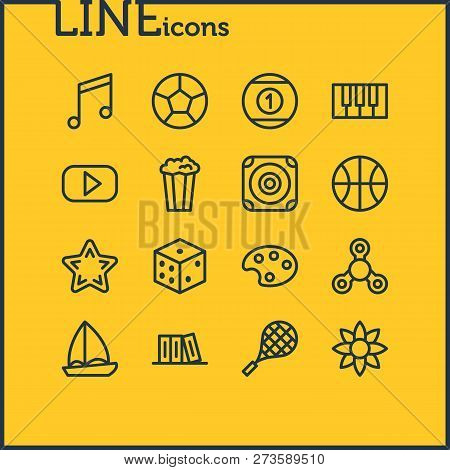 Vector Illustration Of 16 Leisure Icons Line Style. Editable Set Of Music Note, Billiard, B-ball And