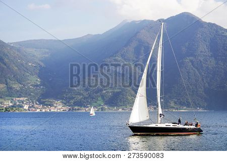 ISEO LAKE, ITALY, 20 OCTOBER, 2018: Yachting on Iseo Lake, Italy, Europe