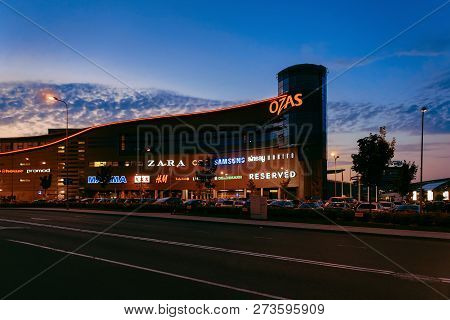 Vilnius, Lithuania - September 6, 2018: Modern Shopping Center Building Ozas Concept. Street Late In