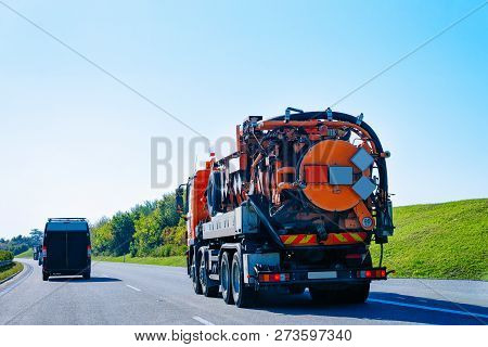 Vacuum Waste Truck On The Highway Road In Slovenia.