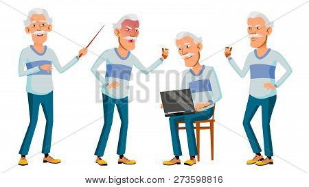 Asian Old Man Set Vector. Gray Hair. Elderly People. Senior Person. Aged. Funny Pensioner. Leisure. 