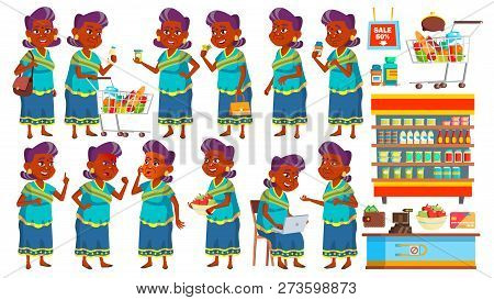 Indian Old Woman Poses Set Vector. Elderly People Shopping. Hindu. Asian. Senior Person In Sari. Age