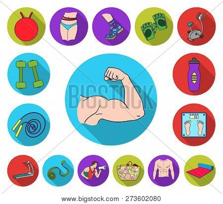 Fitness And Attributes Flat Icons In Set Collection For Design. Fitness Equipment Vector Symbol Stoc