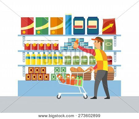 Supermarket Store Worker Merchandising Vector. Man With Products Putting Sausage On Place. Packages 