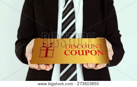 Discount Coupon Concept. Businessmen Send Gold Discount Card.