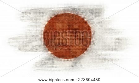 Mosaic Heart Tiles Painting Of Japan Flag Blown In The Wind Isolated On White Background.