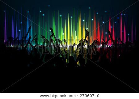 欢呼的人群对谱的卷波背景的插图