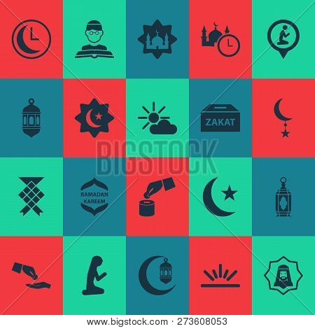 Religion Icons Set With Lantern, Time, Human And Other Islamic Elements. Isolated Vector Illustratio