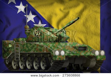 Light Tank Apc With Summer Camouflage On The Bosnia And Herzegovina Flag Background. 3d Illustration