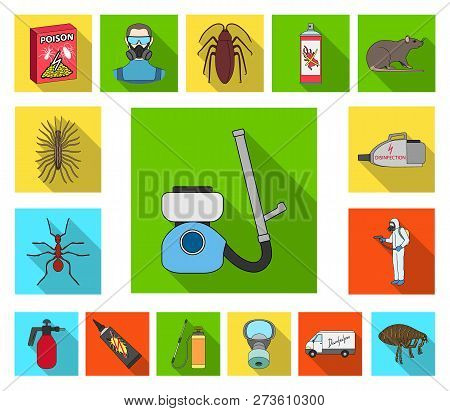 Pest, Poison, Personnel And Equipment Flat Icons In Set Collection For Design. Pest Control Service 