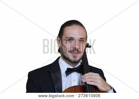 Young Cellist Playing The Cello Isolated Image On White Background. Genre Portrait