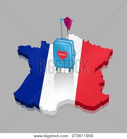 Travel To France Over A 3d Map With French Beret And Wheeled Bag. All The Objects Are In Different L