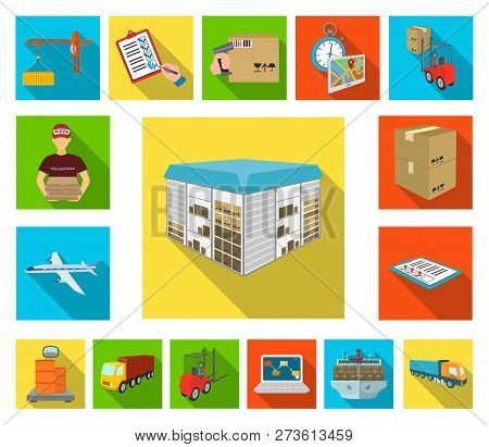 Logistics And Delivery Flat Icons In Set Collection For Design. Transport And Equipment Isometric Ve