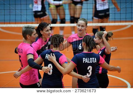 KAPOSVAR, HUNGARY â DECEMBER 2, 2018: Palota players celebrate at a Hungarian National Championship volleyball game between Kaposvar (white) and Palota VSN (blue) in Sportcsarnok Kaposvar.