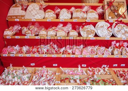 Close Up Of Christmas Market Stall In Vienna, Austria. Christmas Decorations At A Christmas Market.