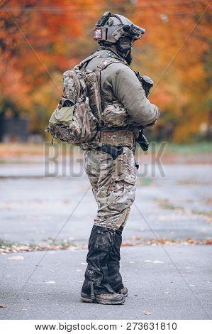 Kyiv, Ukraine - October 14, 2017: Man In Modern Military Uniform With Helmet On His Head Is Standing