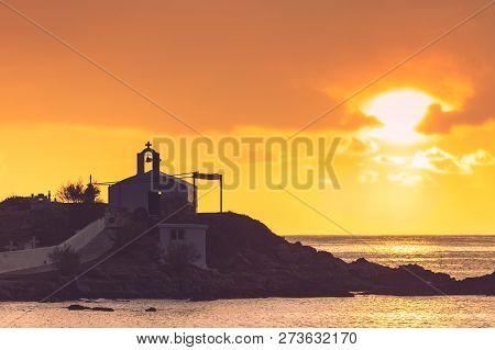 Agios Fokas Near Monemvasia In Stormy Weather Overcast Sky, Sunrise. Small Cemetery On Sea Shore, Ma