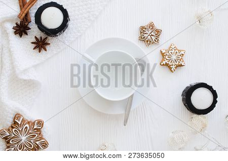 Christmas Background With Empty White Cup And Gingerbread.