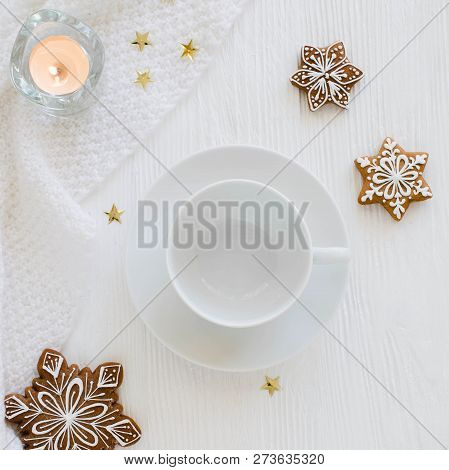 Christmas Background With Empty White Cup And Gingerbread.