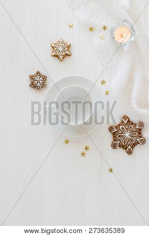 Christmas Background With Empty White Cup And Gingerbread.