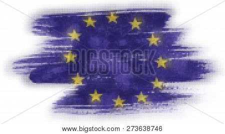 Mosaic Heart Tiles Painting Of Eu Flag Blown In The Wind Isolated On White Background.