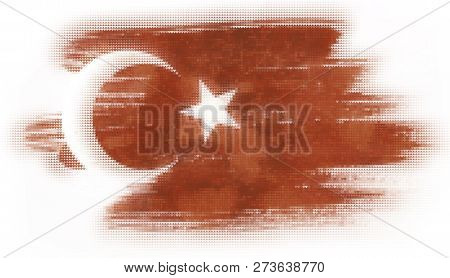 Mosaic Heart Tiles Painting Of Turkish Flag Blown In The Wind Isolated On White Background.