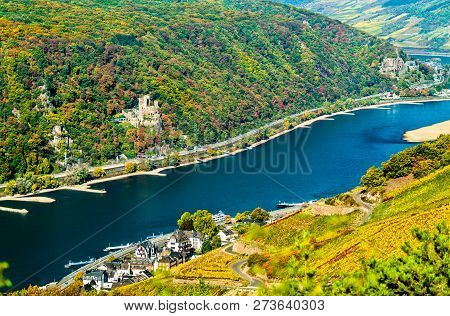 View Of The Upper Middle Rhine Valley With Rheinstein And Reichenstein Castles. Unesco World Heritag
