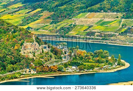 View Of Reichenstein Castle In The Upper Middle Rhine Valley. Unesco World Heritage In Germany