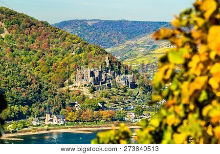 View Of Reichenstein Castle In The Upper Middle Rhine Valley. Unesco World Heritage In Germany