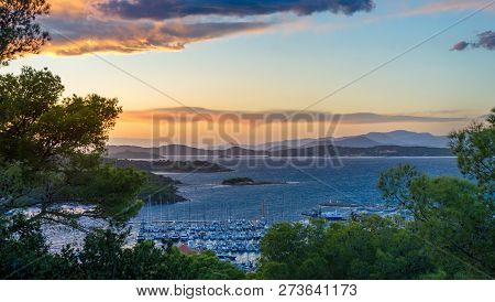 Sunset Panoramic View From The Fortress And Museum Of Porquerolles Island. Provence Cote Dazur, Fran
